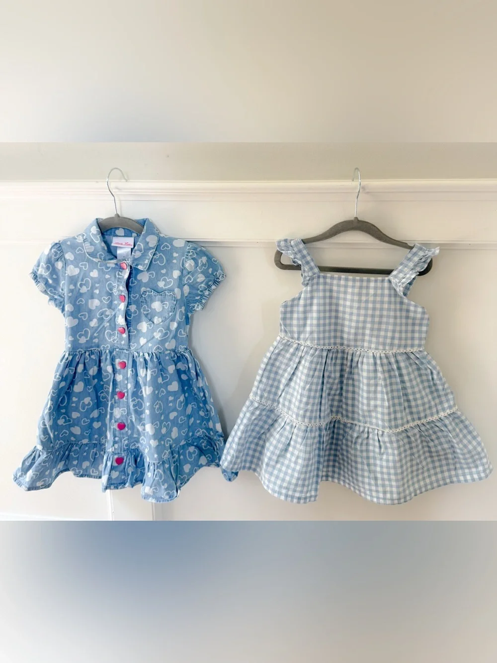 Two Like New Toddler Girls Dresses, Blue Gingham & Hearts Denim Dress, Size 3T